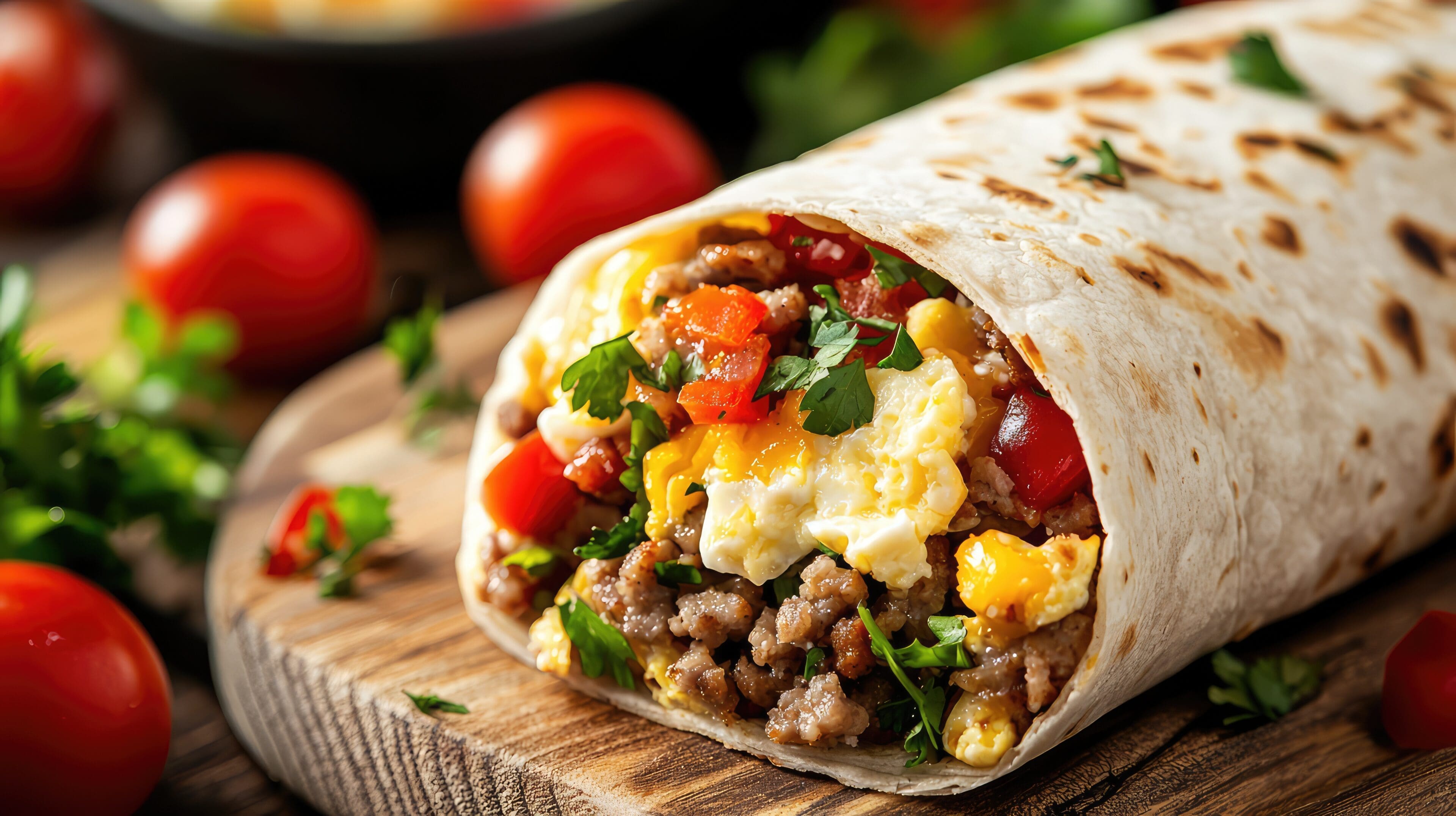 A mouthwatering view of a breakfast burrito filled with eggs, cheese, and sausage, ready to be enjoyed (high quality stock photos) --ar 16:9 --quality 2 --v 6.1 Job ID: 82b1be98-eeeb-4b00-b60a-1a65da3b9ce1