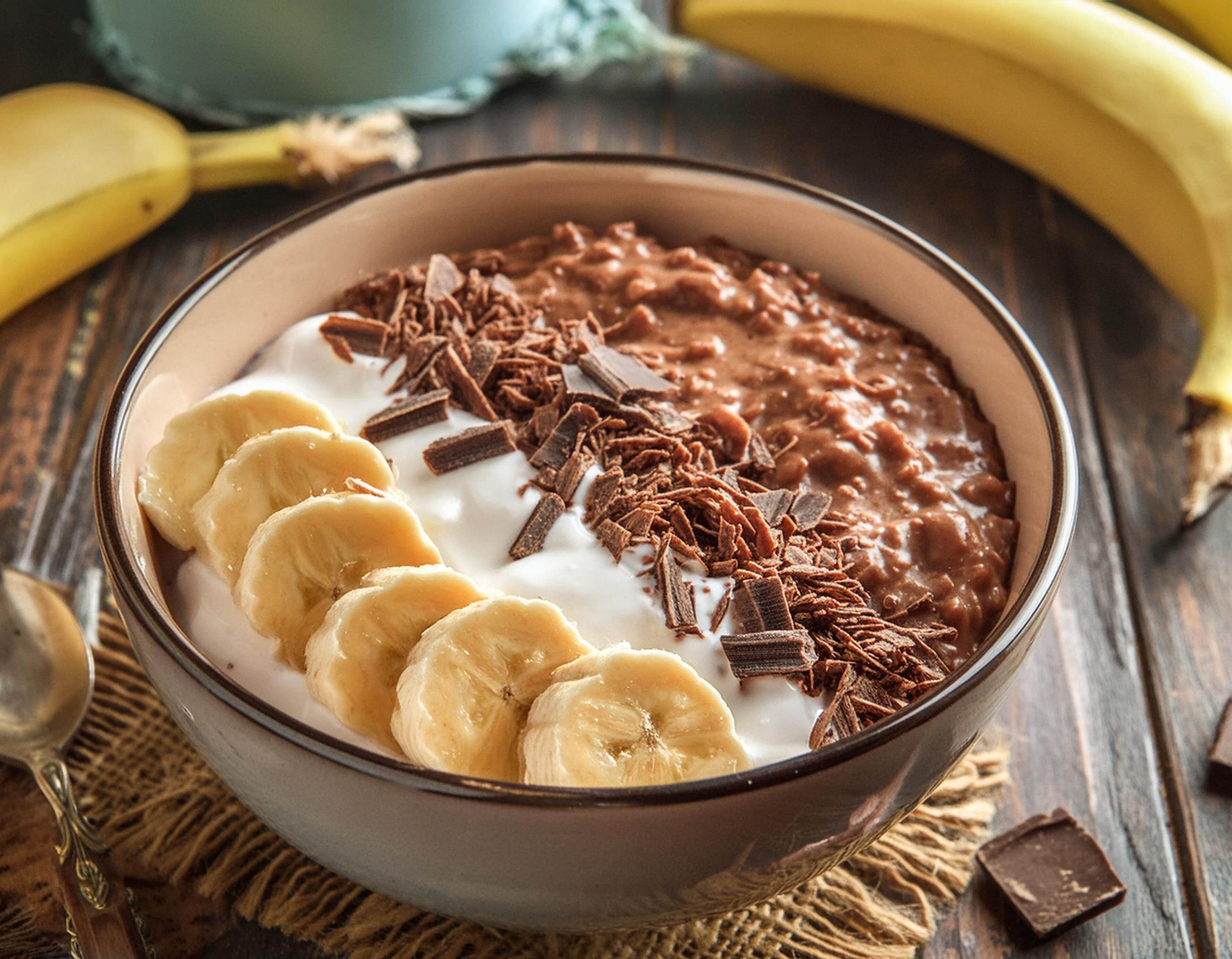 Food- Vegan overnight oats with cacao, banana and coconut yogurt