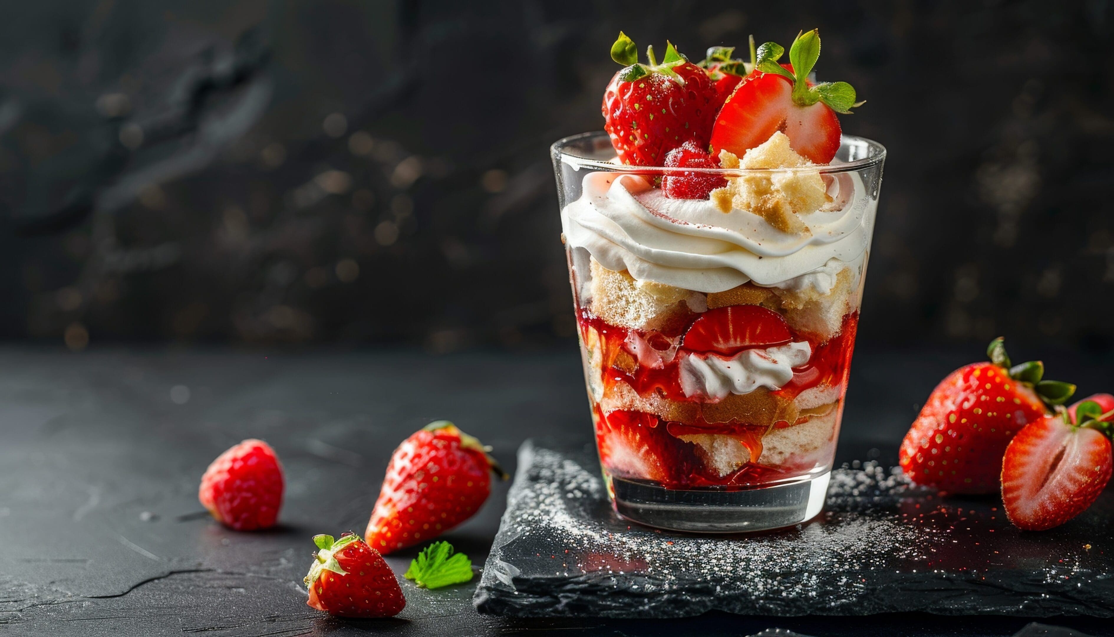 Strawberry sponge cake and whipped cream parfait in a glass On a black stone table