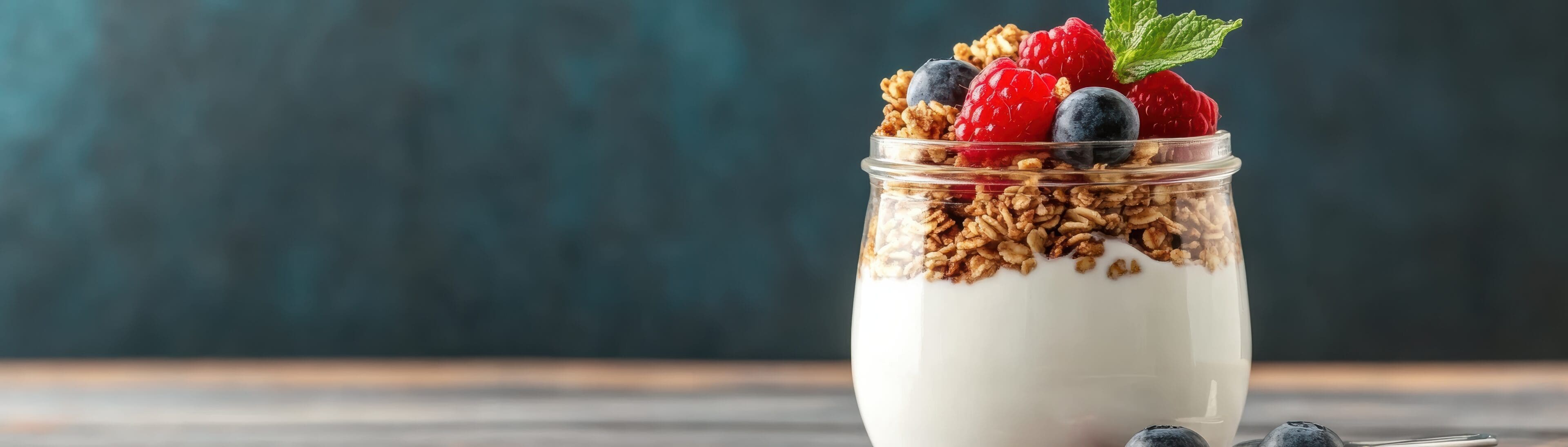 A vegan yogurt parfait layered with granola and fresh fruit, presented in a glass jar with a spoon on the side A vegan yogurt parfait layered with granola and fresh fruit, presented in a glass jar with a spoon on the side