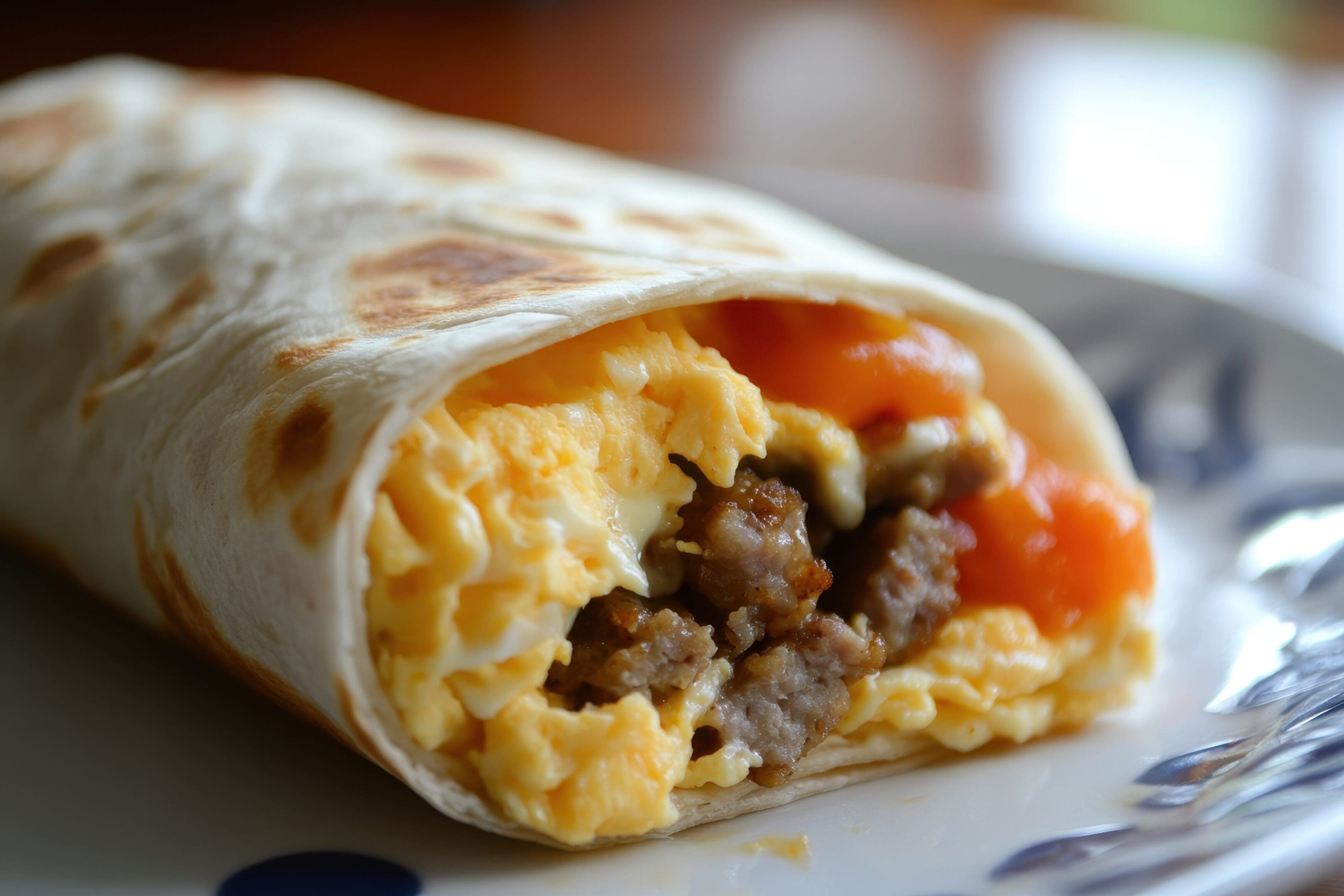 Tasty breakfast burrito with eggs