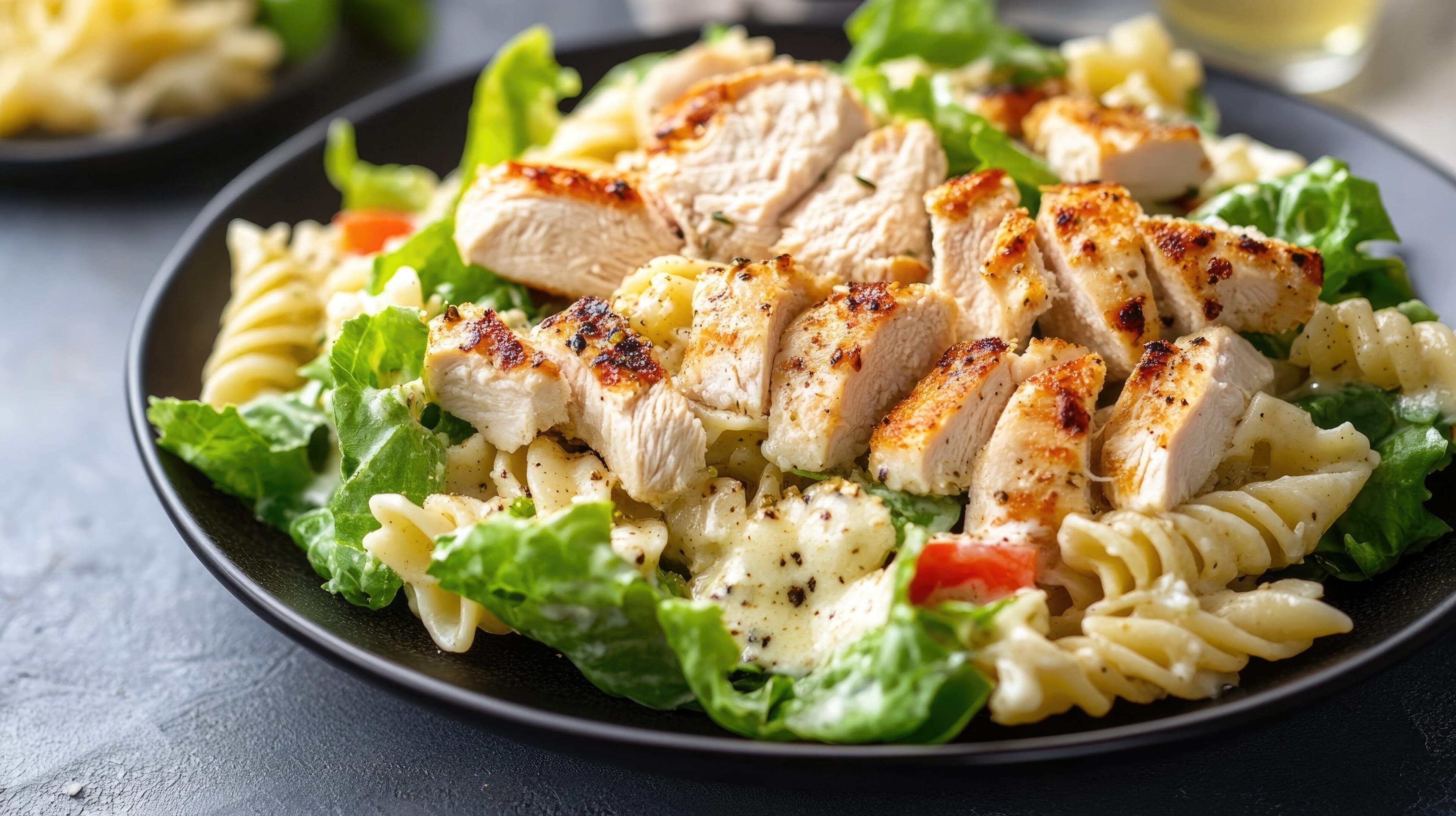 Light plate featuring chicken pasta salad topped with Caesar dressing a nutritious option for healthy dining