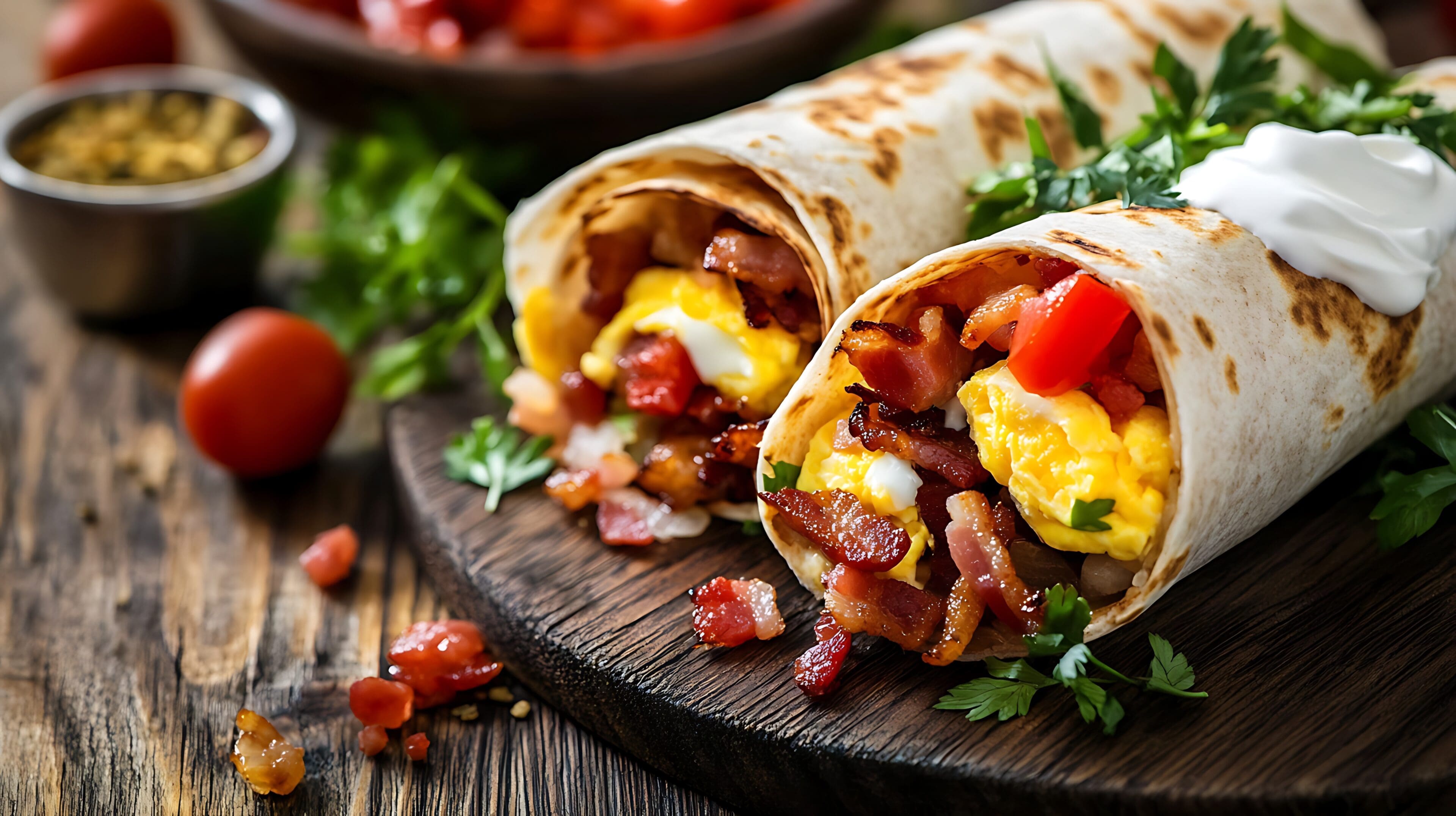 A savory bacon and egg breakfast burrito with salsa and sour cream A savory bacon and egg breakfast burrito with salsa and sour cream
