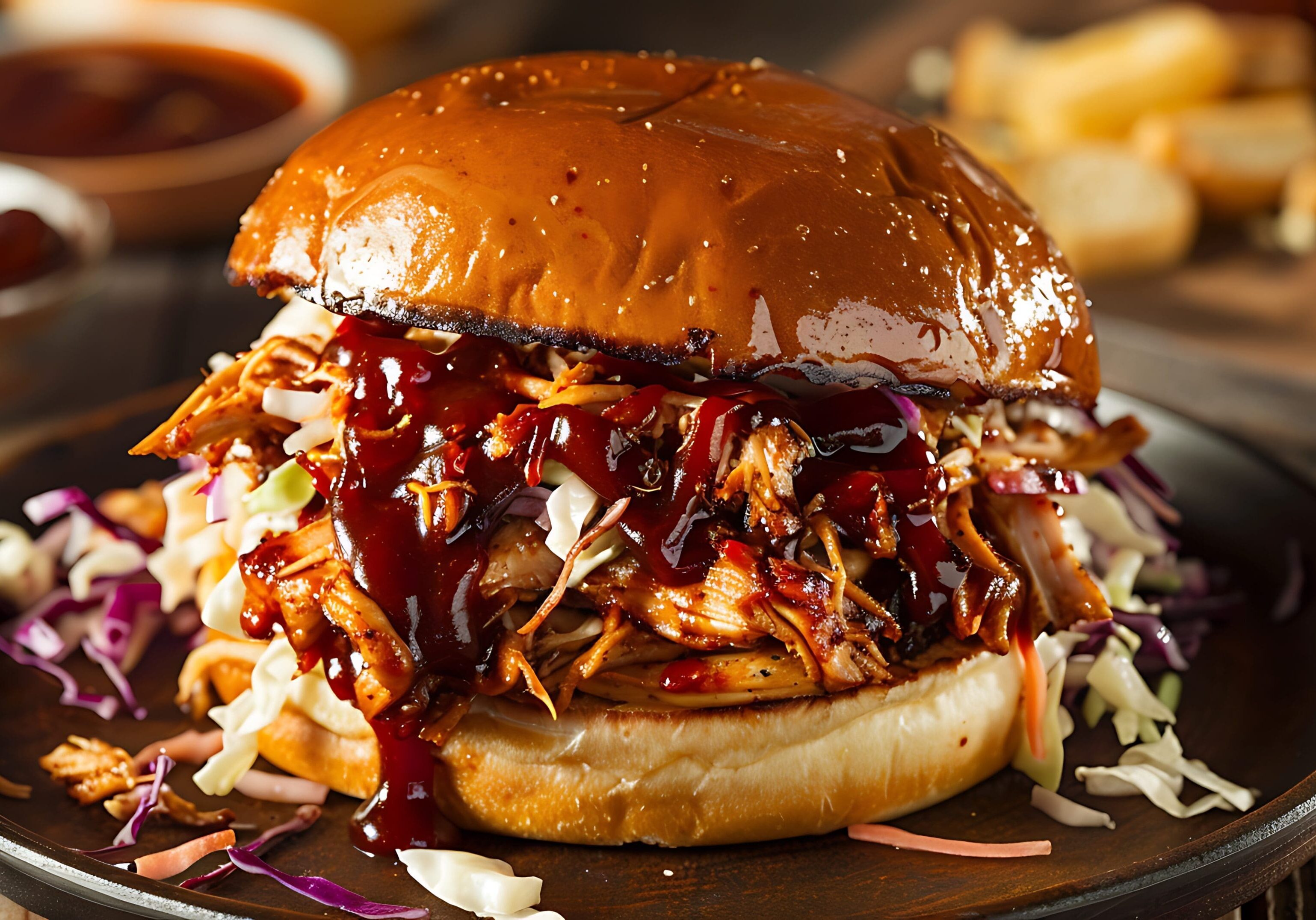 Pulled bbq chicken sandwich on a brioche bun served with cole slaw and bbq sauce