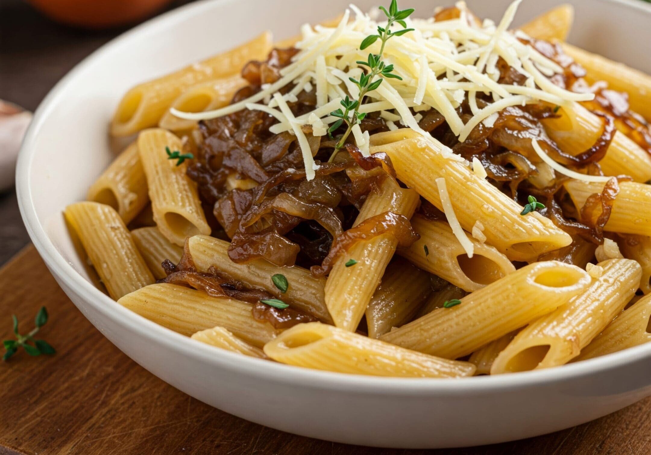 Delicious French onion pasta penne with caramelized onions, fragrant thyme, garlic and gruyere cheese close-up on a bowl on a wooden board. Horizontal Delicious French onion pasta penne with caramelized onions, fragrant thyme, garlic and gruyere cheese close-up on a bowl on a wooden board. Horizontal
