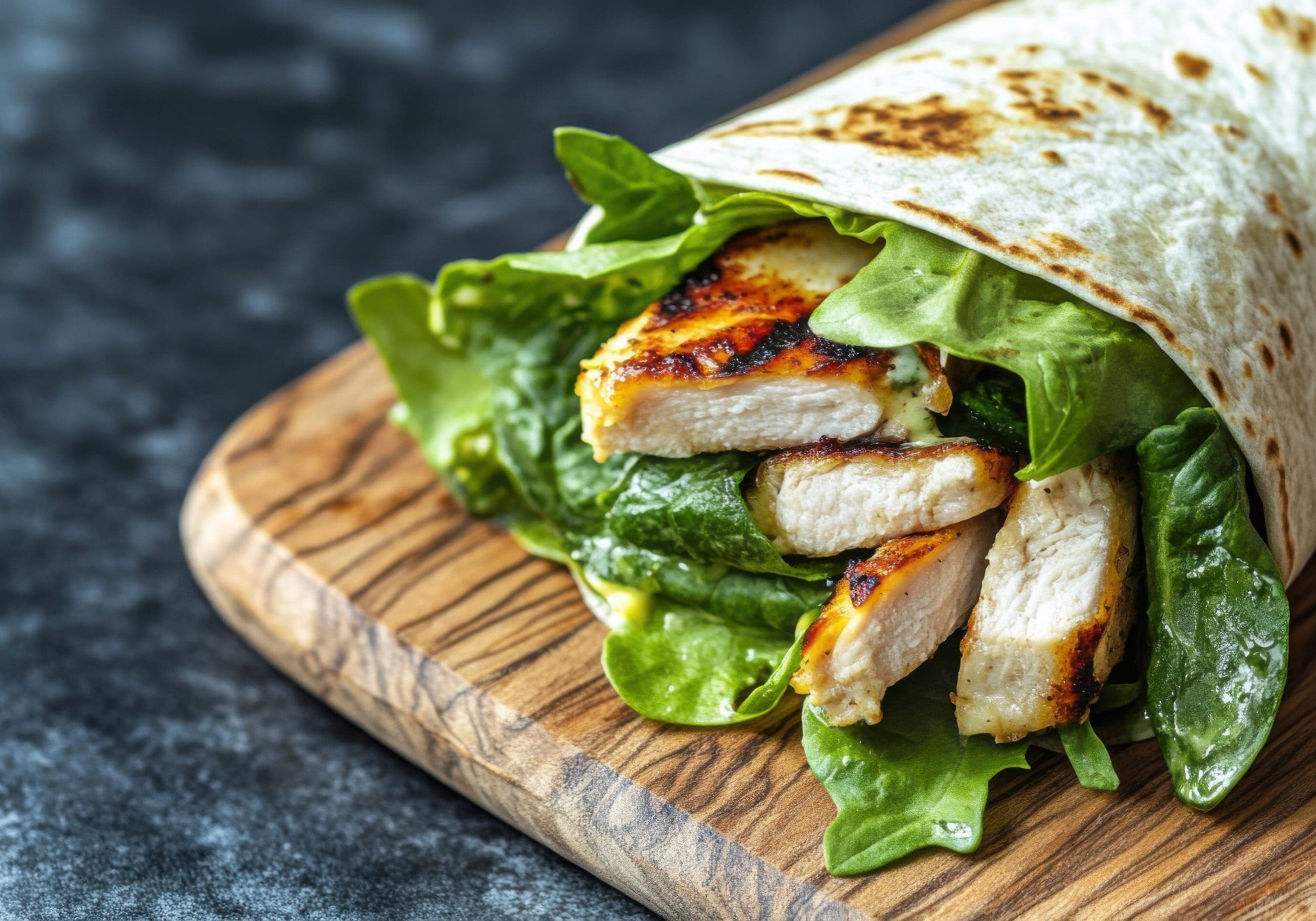 Chicken Caesar Wrap Filled with Romaine, Grilled Chicken, and Dressing on a Wooden Board